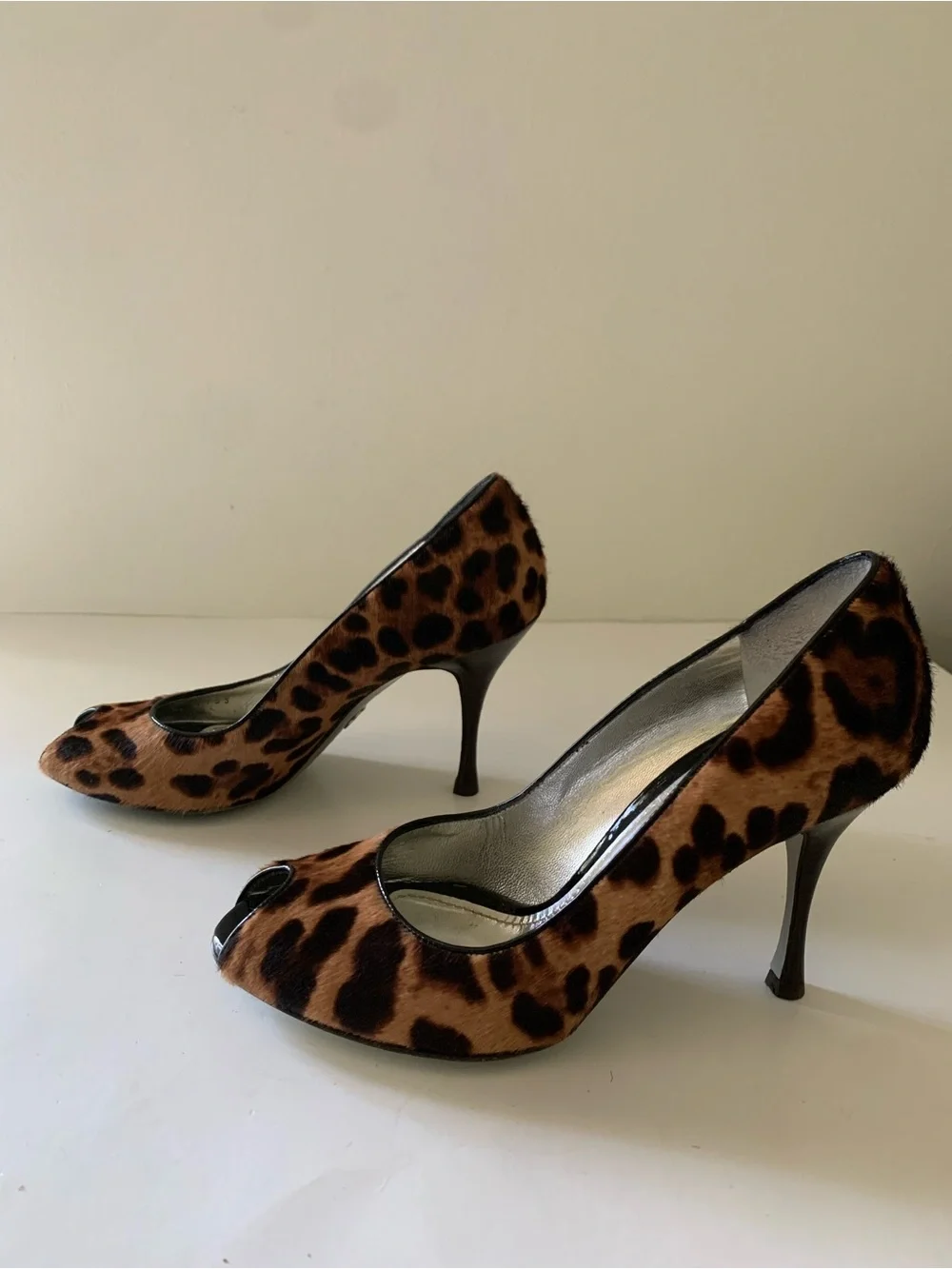 Dolce & Gabbana Calf Hair Leopard Print Peep-Toe Heels, Brown Tan Black, 36.5